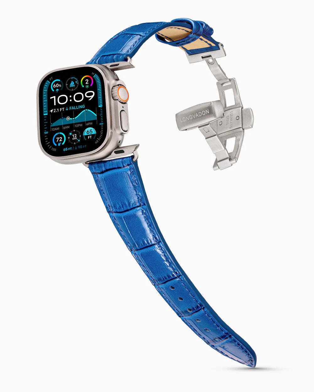 Caiman Series 3 | Bleu Marine on an Apple Watch Ultra in Natural Titanium, brushed silver clasp