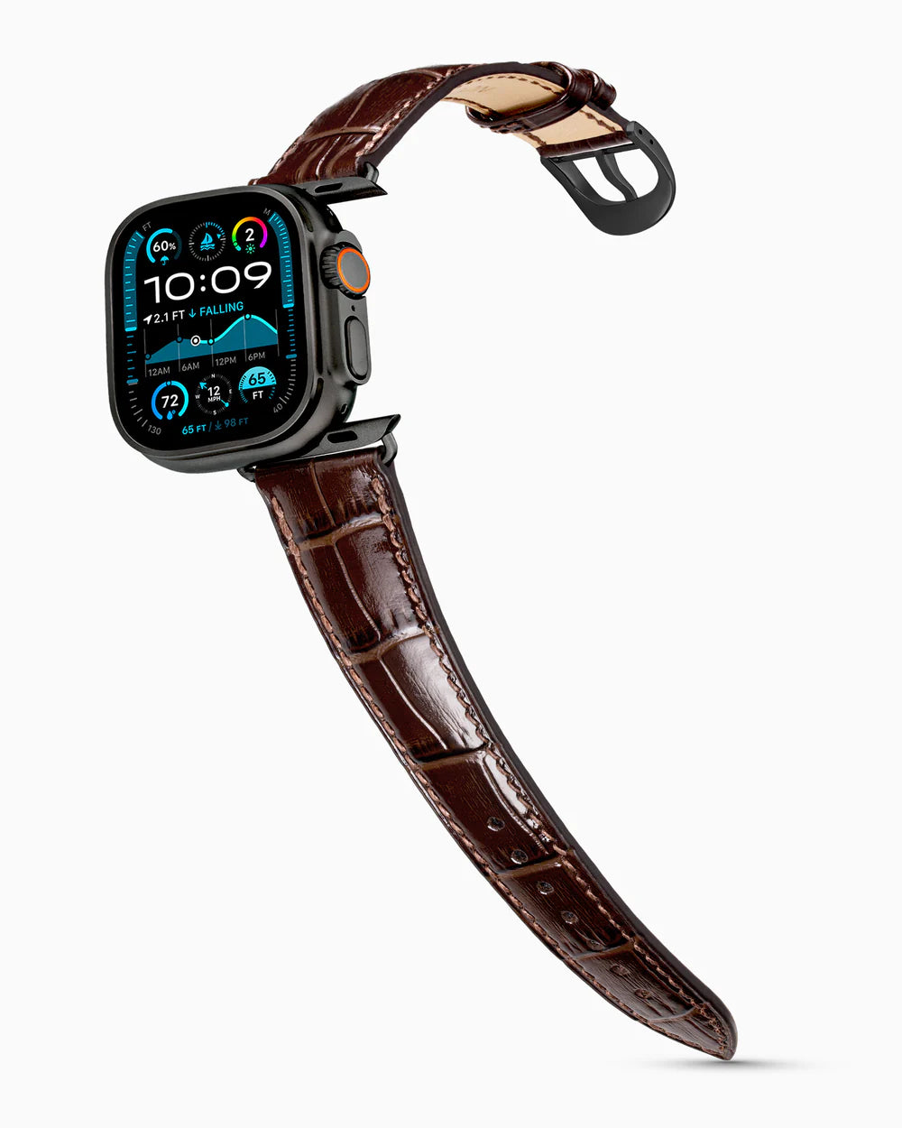 Caiman Series 3 | Marron Verni on an Apple Watch Ultra in Black Titanium, brushed black buckle