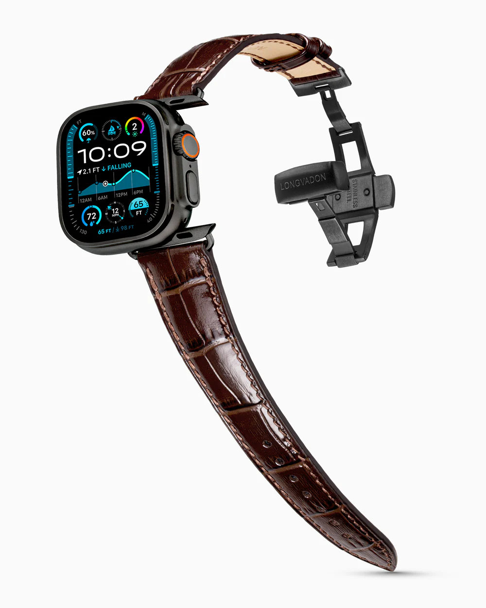 Caiman Series 3 | Marron Verni on an Apple Watch Ultra in Black Titanium, brushed black clasp
