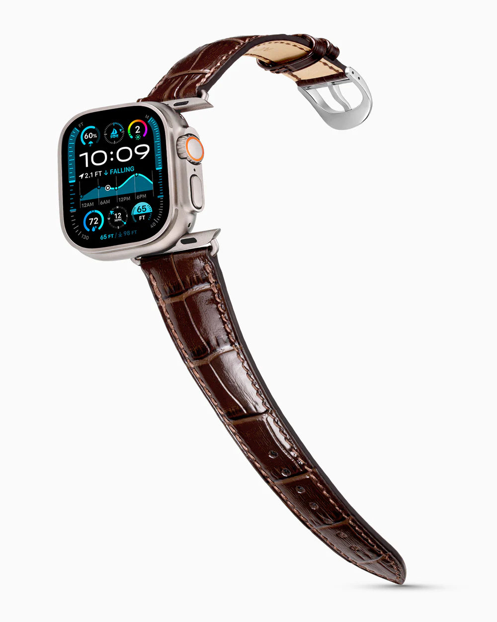 Caiman Series 3 | Marron Verni on an Apple Watch Ultra in Natural Titanium, polished silver buckle