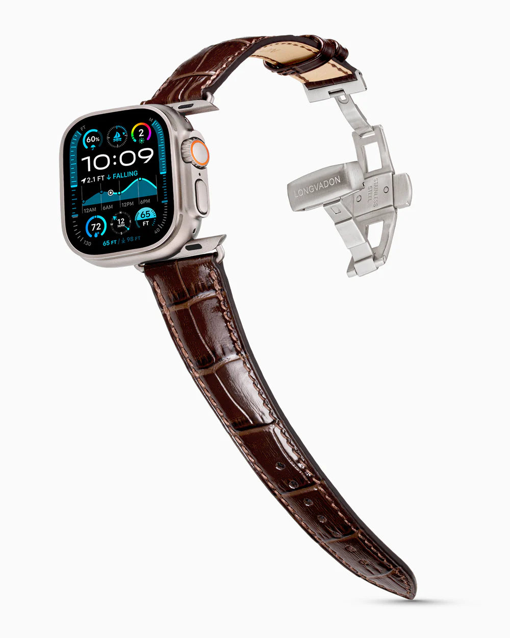 Caiman Series 3 | Marron Verni on an Apple Watch Ultra in Natural Titanium, brushed silver clasp