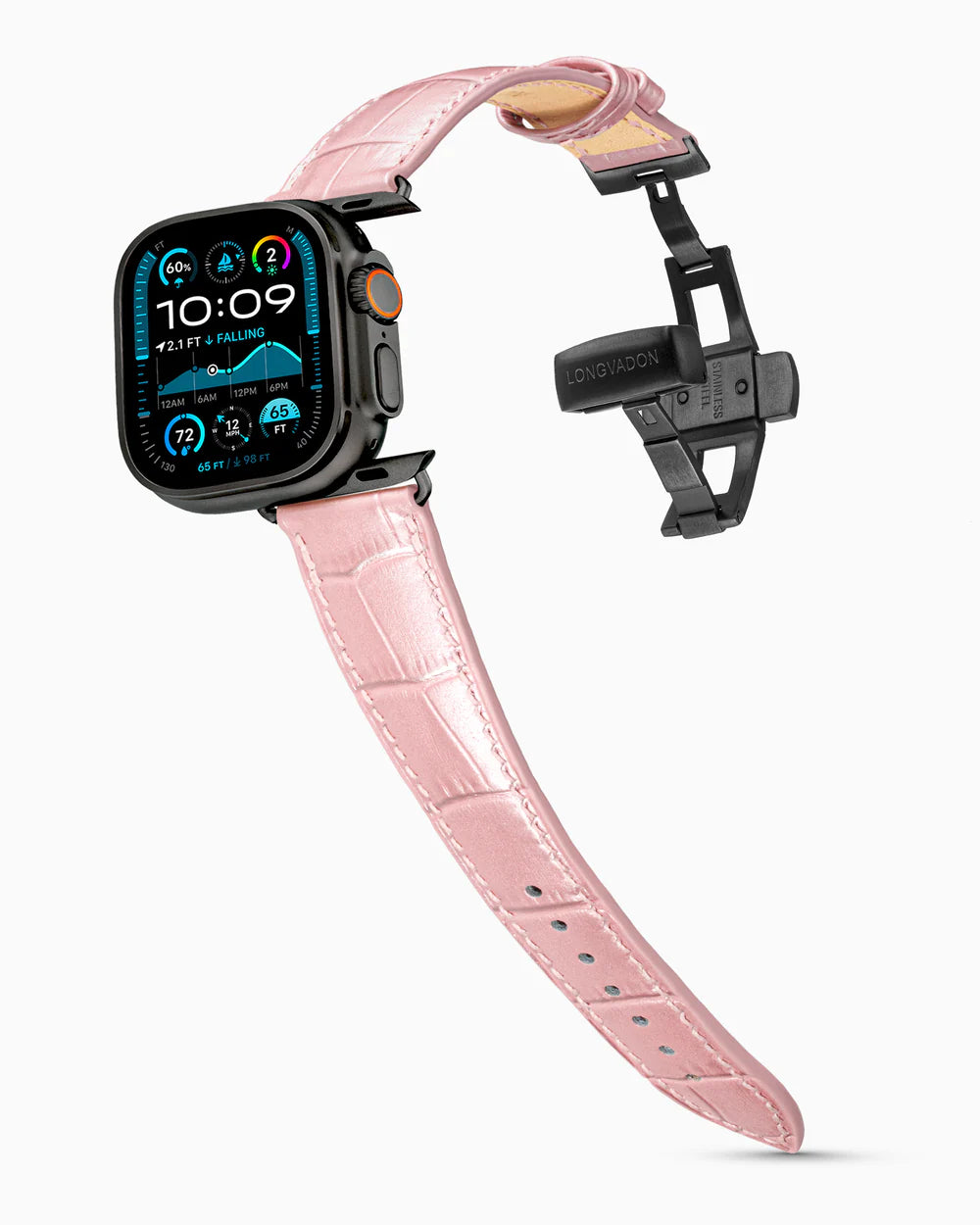 Caiman Series 3 | Rose Satin on an Apple Watch Ultra in Black Titanium, brushed black clasp