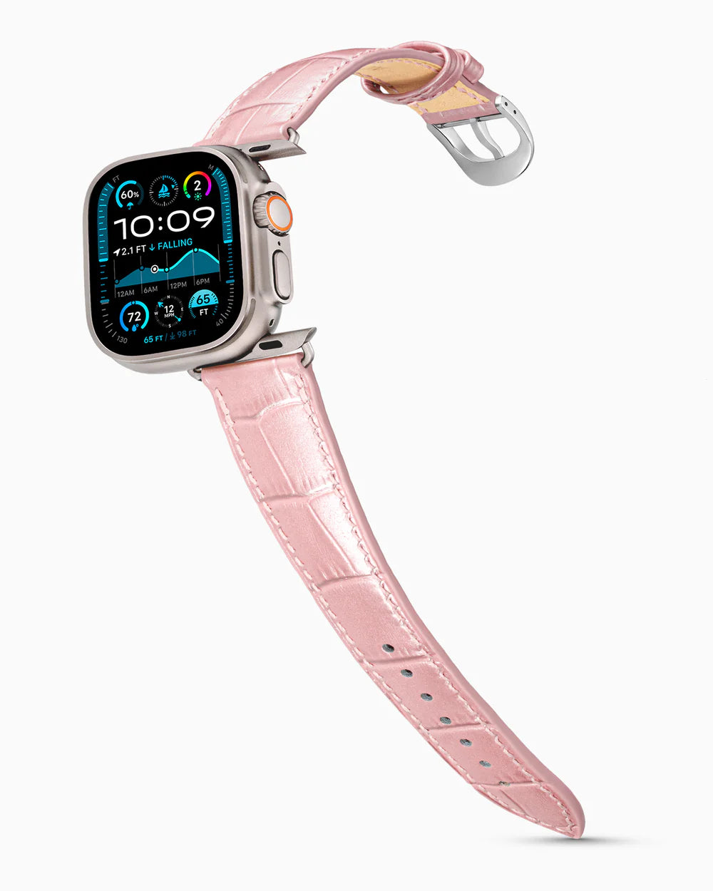 Caiman Series 3 | Rose Satin on an Apple Watch Ultra in Natural Titanium, polished silver buckle