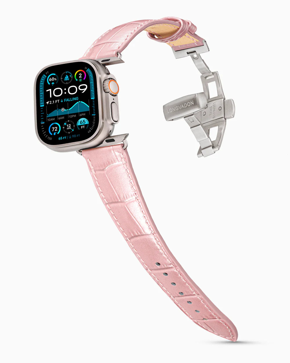 Caiman Series 3 | Rose Satin on an Apple Watch Ultra in Natural Titanium, brushed silver clasp