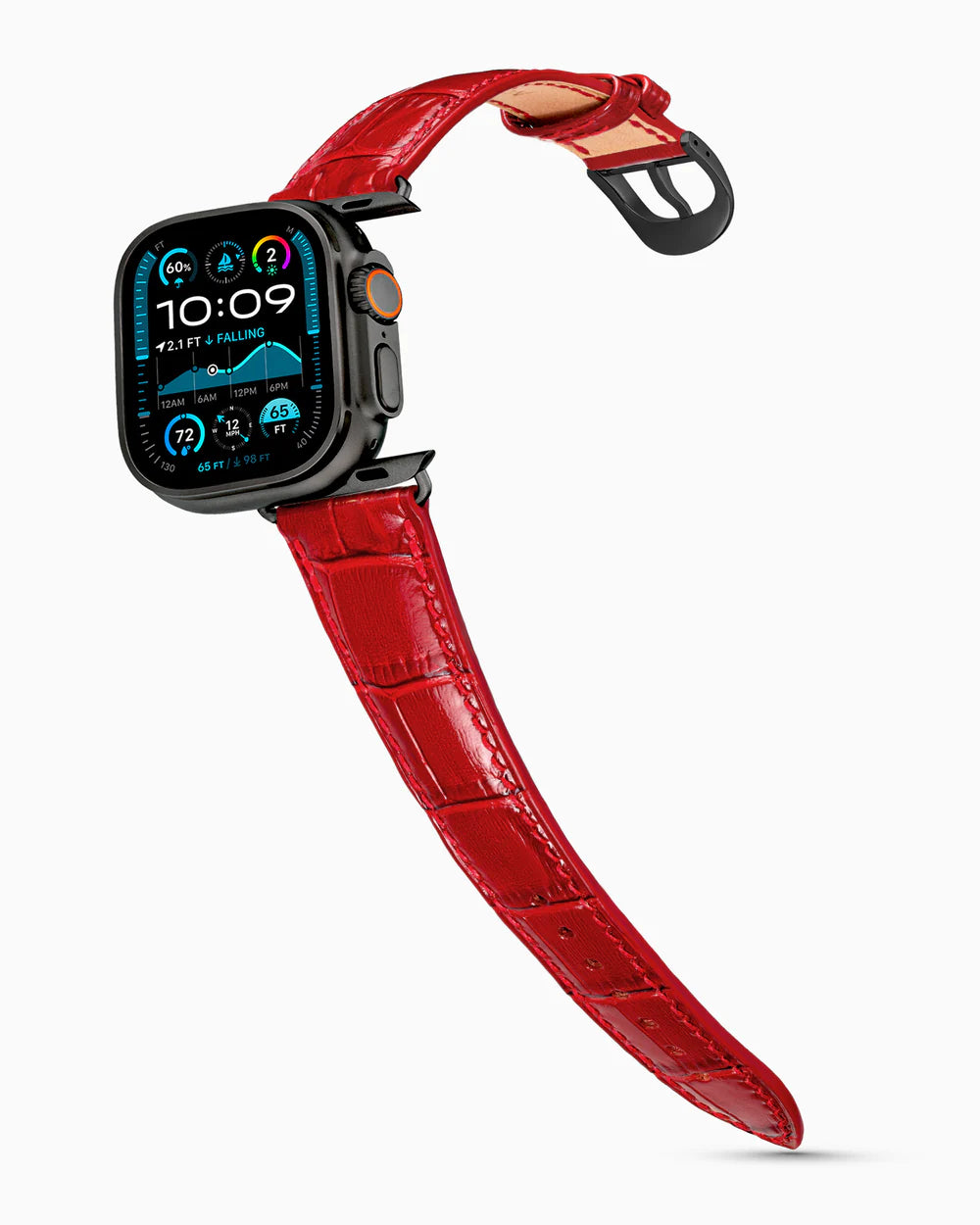 Caiman Series 3 | Rouge Verni on an Apple Watch Ultra in Black Titanium, brushed black buckle