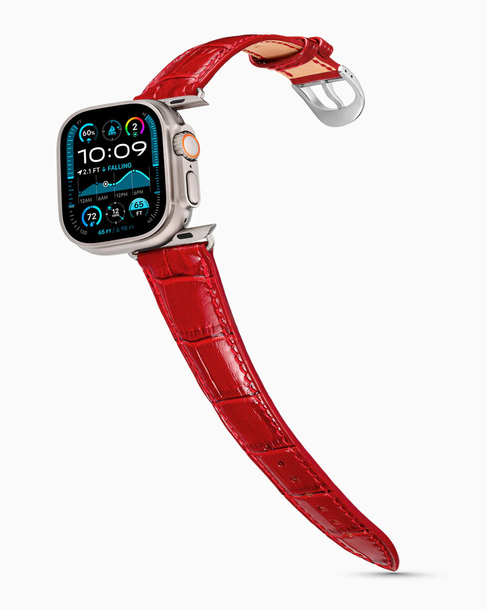 Caiman Series 3 | Rouge Verni on an Apple Watch Ultra in Natural Titanium, polished silver buckle