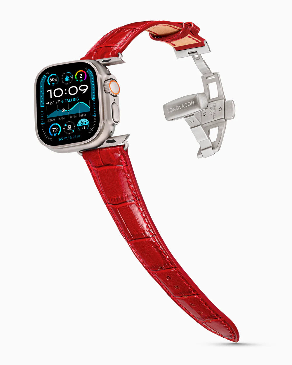 Caiman Series 3 | Rouge Verni on an Apple Watch Ultra in Natural Titanium, brushed silver clasp