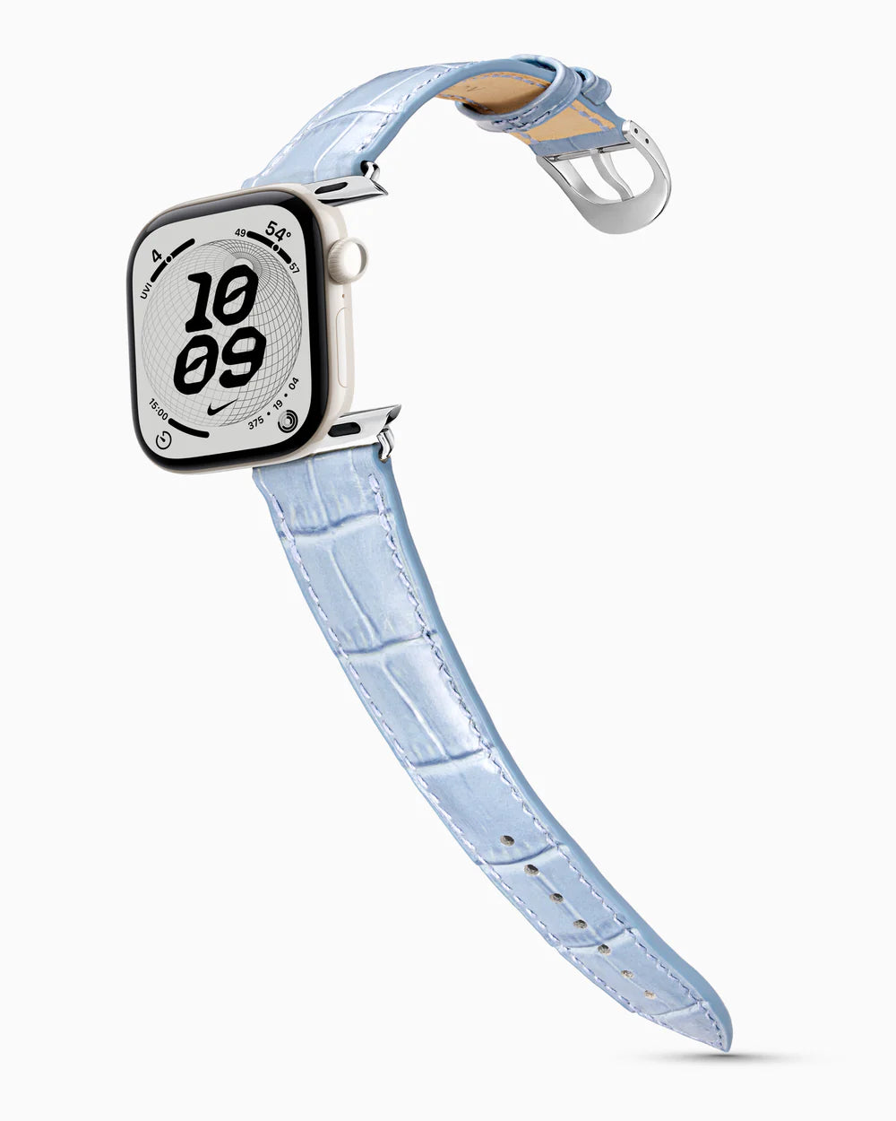 Caiman Series 3 | Bleu Ciel on an Apple Watch Series 12 in Pearl White ceramic, polished silver buckle