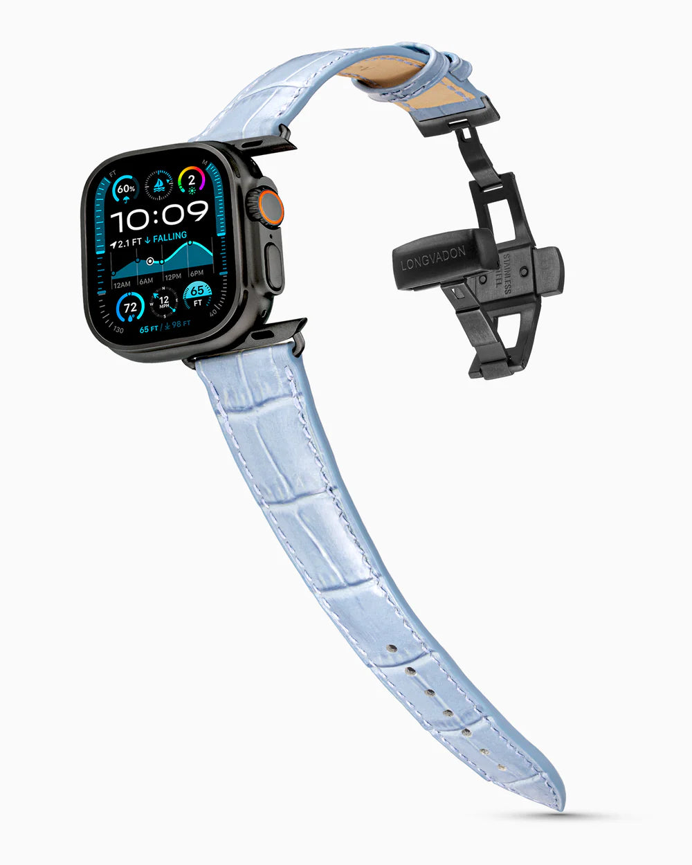 Caiman Series 3 | Bleu Ciel on an Apple Watch Ultra in Black Titanium, brushed black clasp