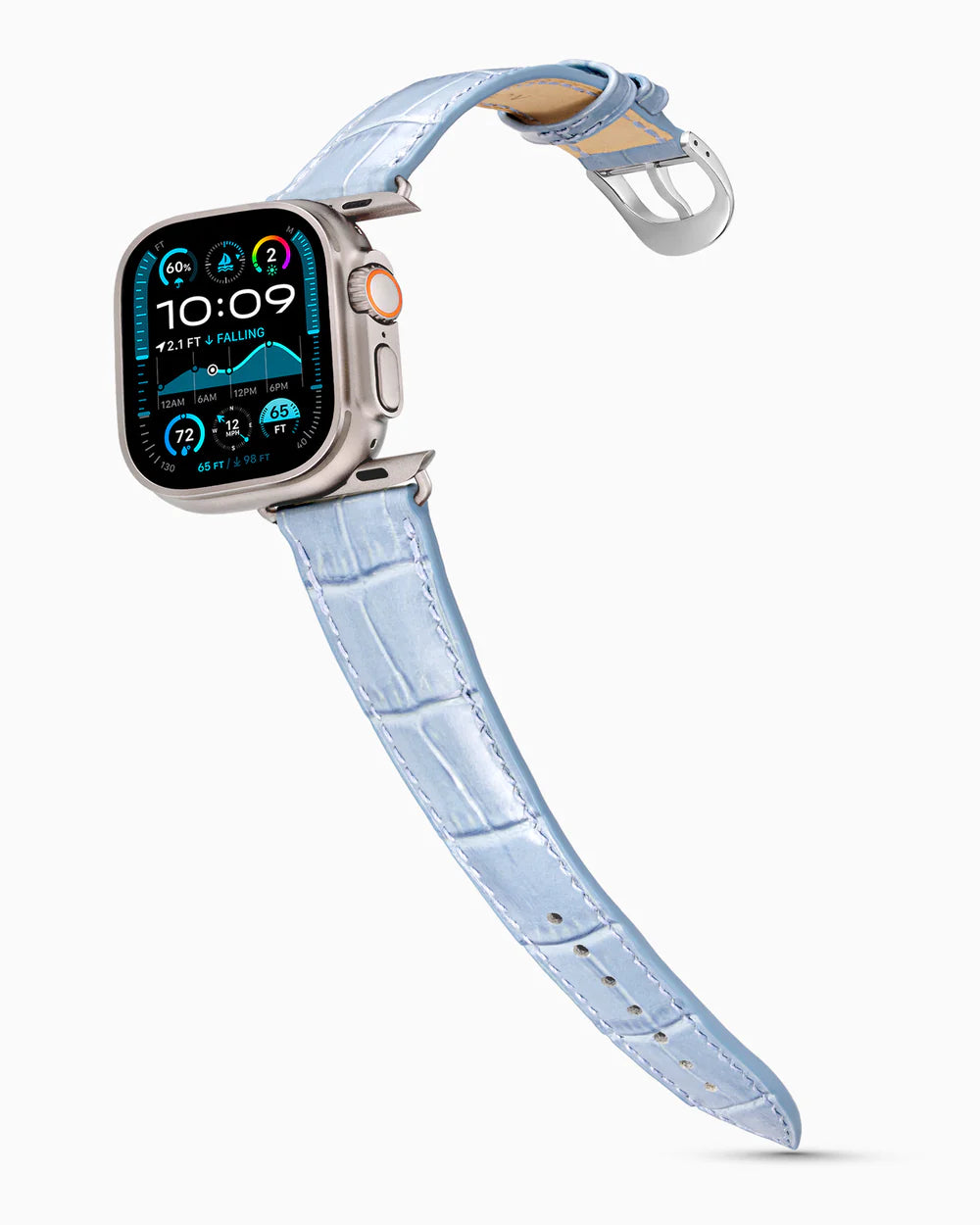Caiman Series 3 | Bleu Ciel on an Apple Watch Ultra in Natural Titanium, polished silver buckle