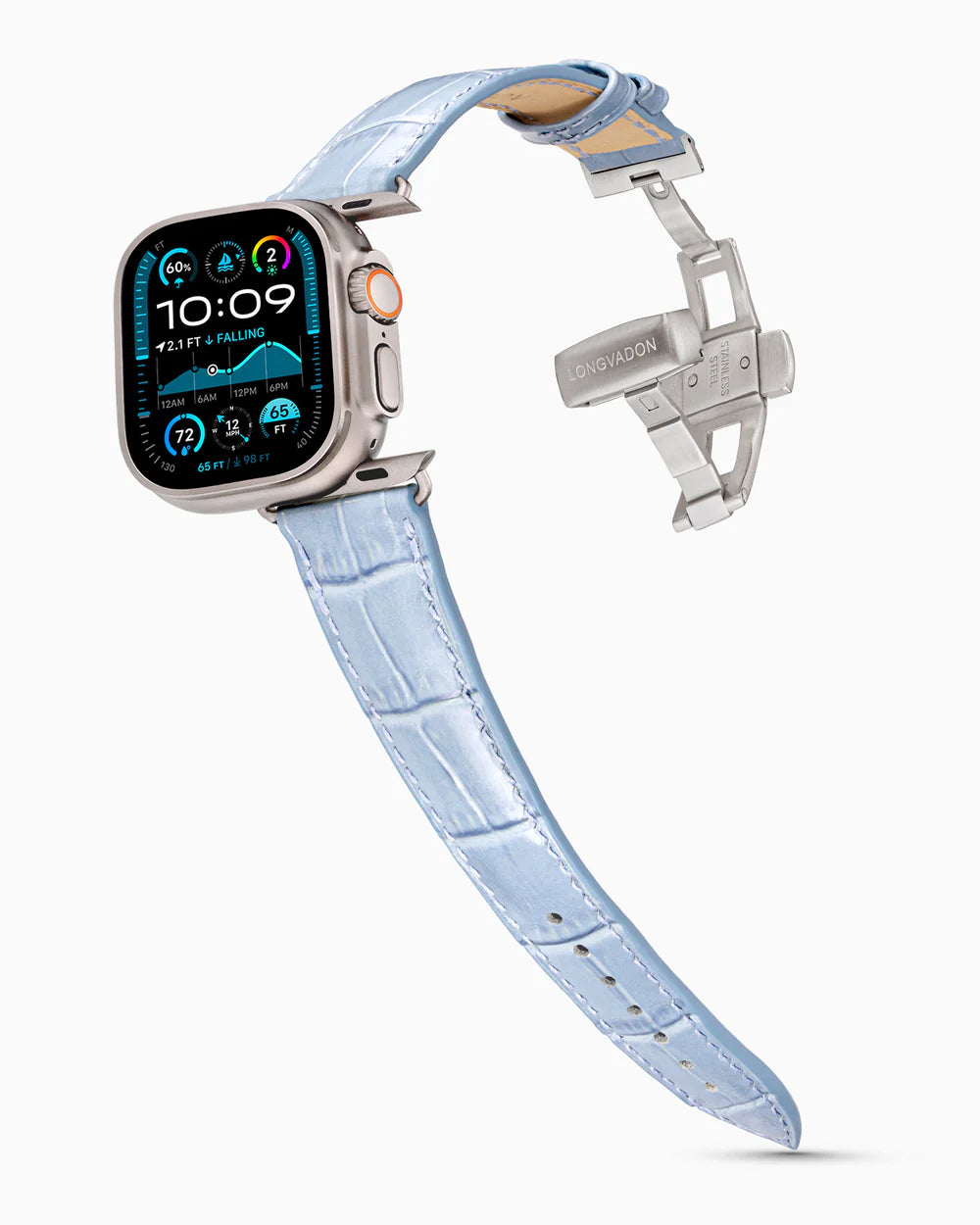 Caiman Series 3 | Bleu Ciel on an Apple Watch Ultra in Natural Titanium, brushed silver clasp