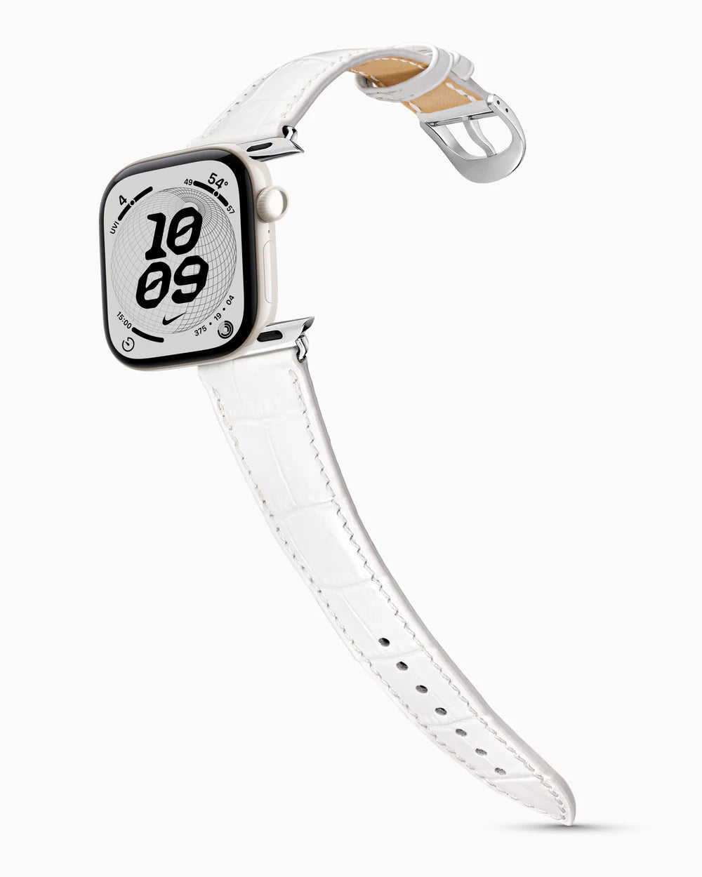 Caiman Series 3 | Blanc Neige on an Apple Watch Series 12 in Pearl White ceramic, polished silver buckle
