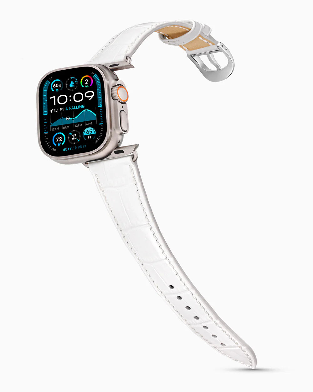 Caiman Series 3 | Blanc Neige on an Apple Watch Ultra in Natural Titanium, polished silver buckle