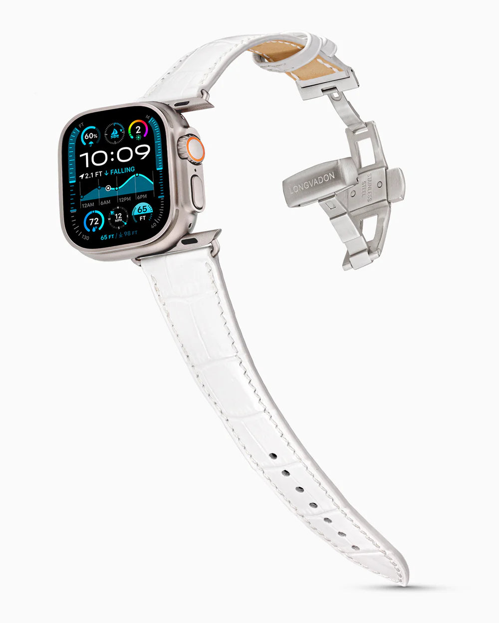 Caiman Series 3 | Blanc Neige on an Apple Watch Ultra in Natural Titanium, brushed silver clasp