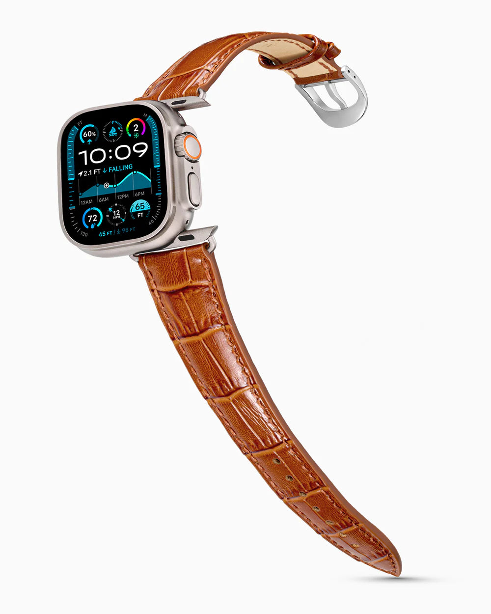 Caiman Series 3 | Windsor Verni on an Apple Watch Ultra in Natural Titanium, polished silver buckle