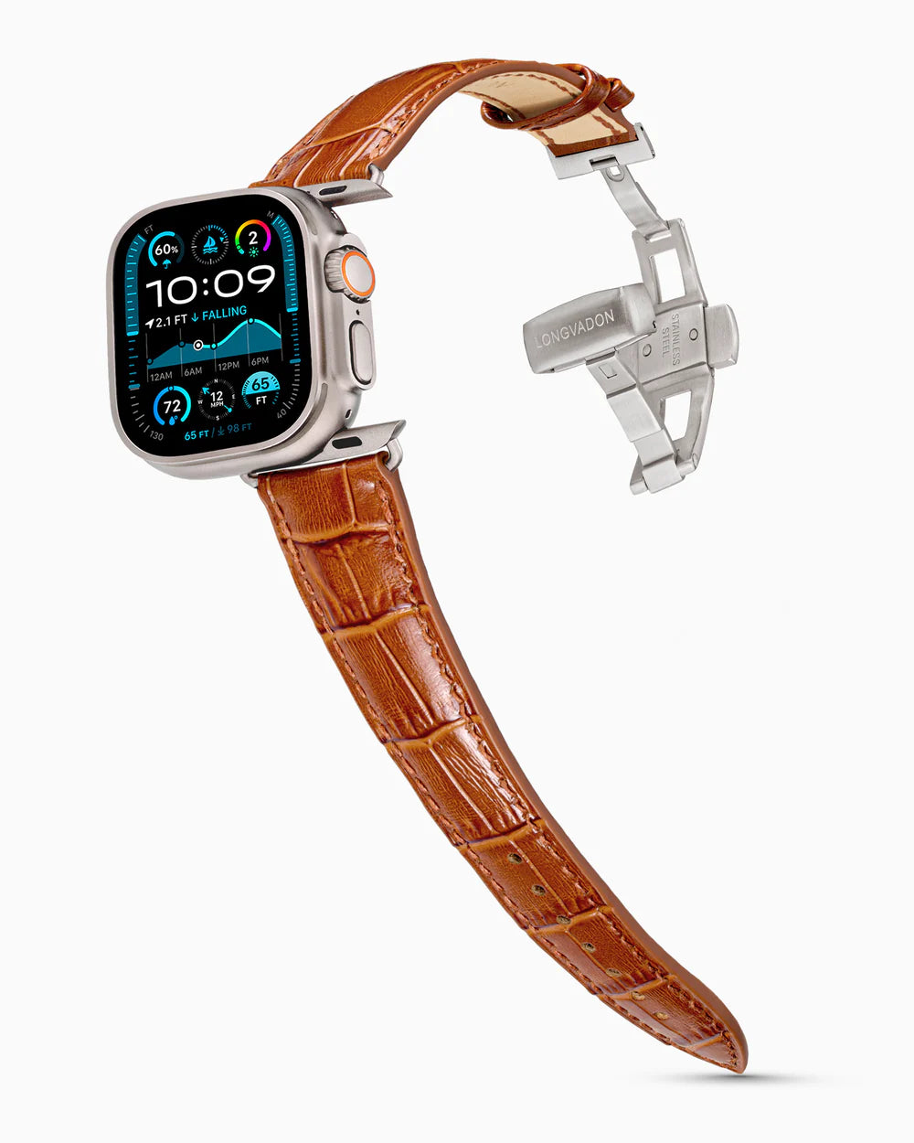 Caiman Series 3 | Windsor Verni on an Apple Watch Ultra in Natural Titanium, brushed silver clasp