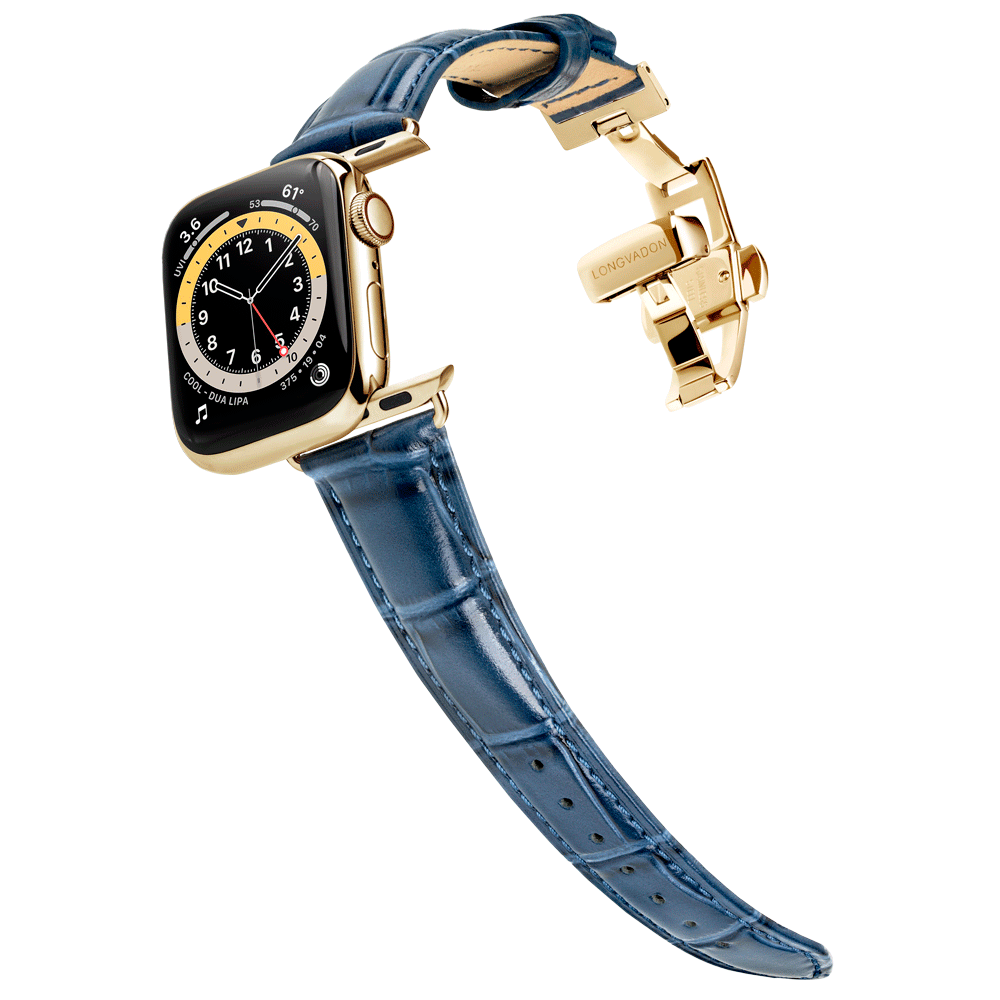 Women s Navy Blue Leather Apple Watch Band Gold Details Longvadon