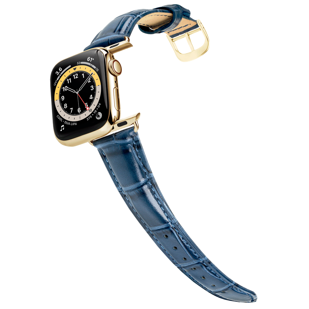 Women s Navy Blue Leather Apple Watch Band Gold Details Longvadon