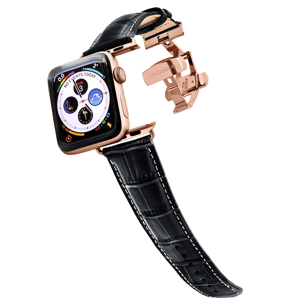 gold apple watch with black leather band white stitching for men