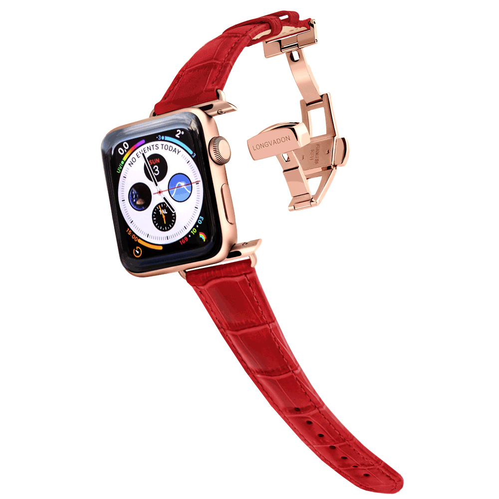 gold apple watch with crimson red leather band for women