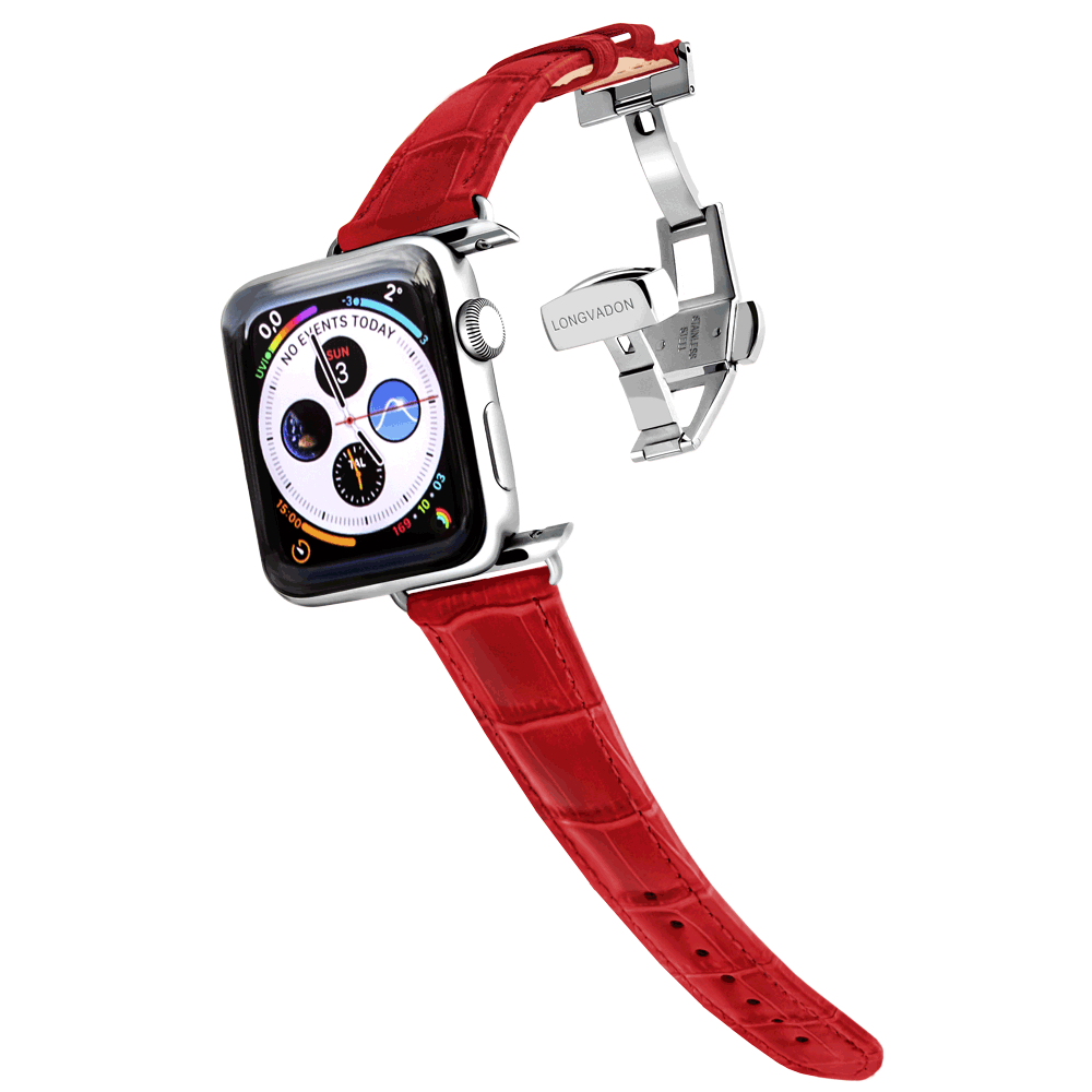 silver apple watch with crimson red leather band for women