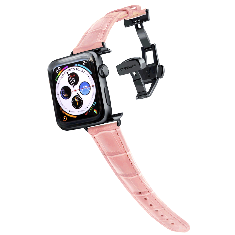 black apple watch with glossy pink leather band for women