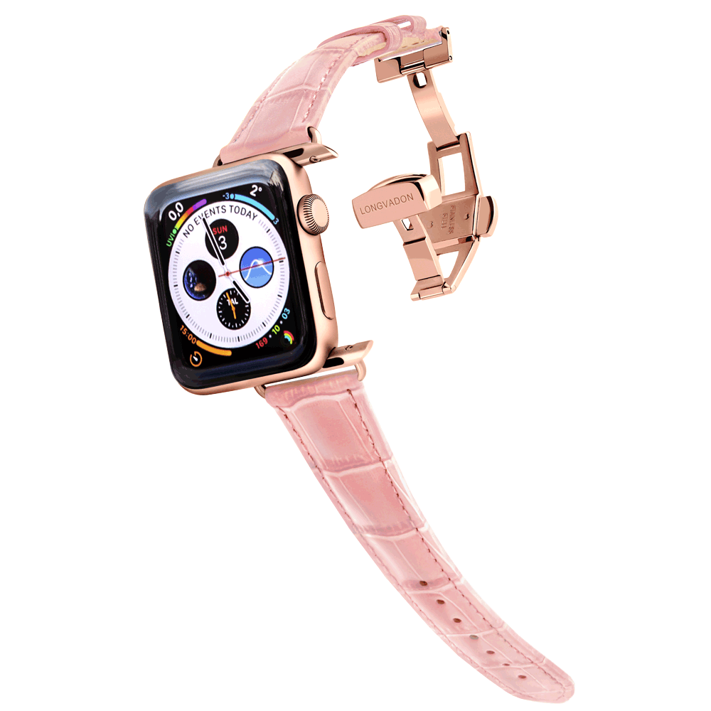 gold apple watch with glossy pink leather band for women
