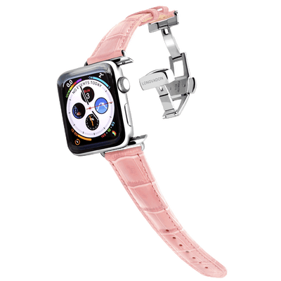 silver apple watch with glossy pink leather band for women