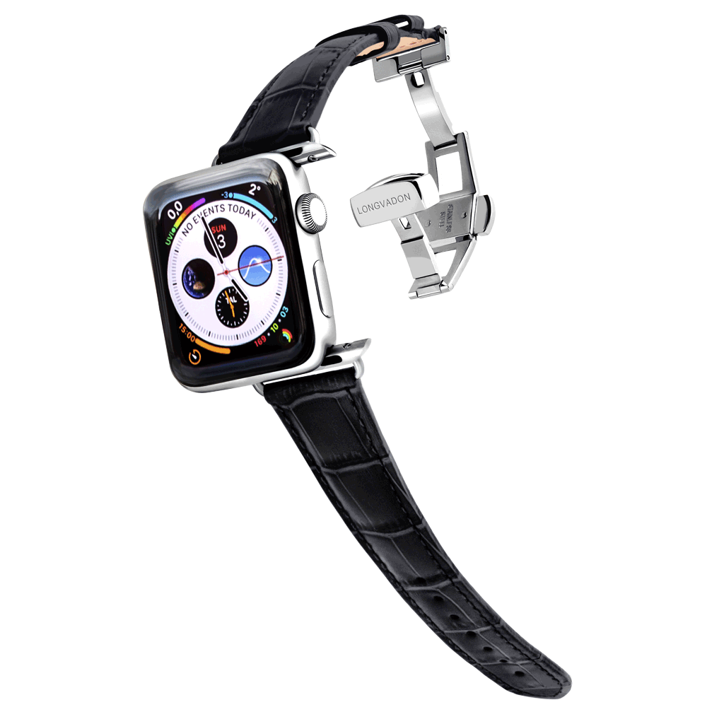 silver apple wactch with midnight black leather band for women