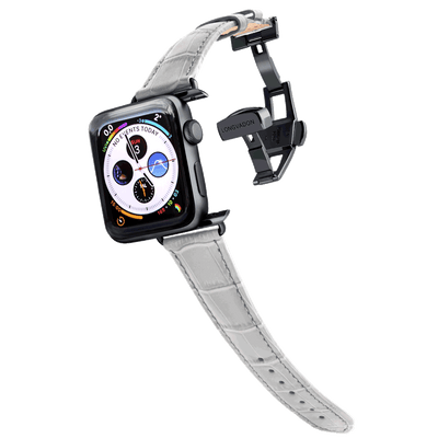 black apple watch with misty gray leather band for women