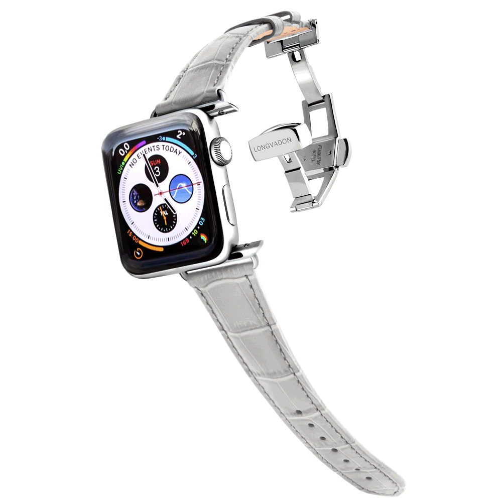 silver apple watch with misty gray leather band for women