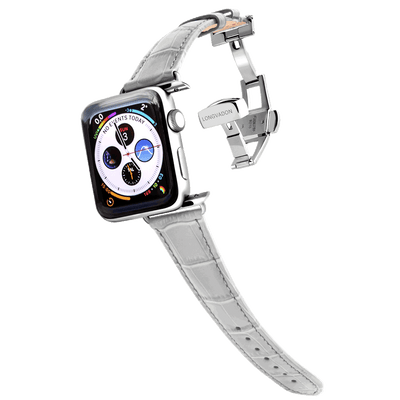 silver apple watch with misty gray leather band for women