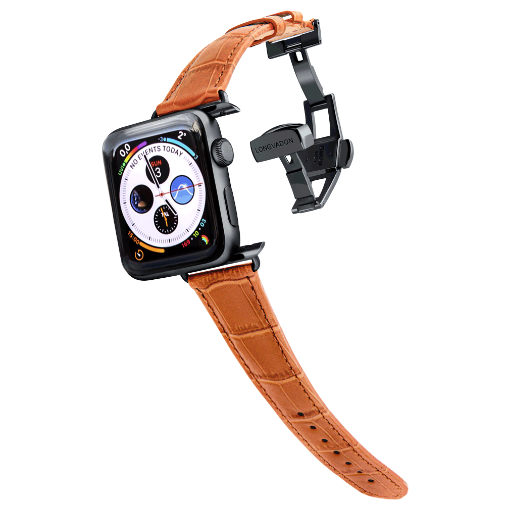 black apple watch with whiskey brown leather band for women