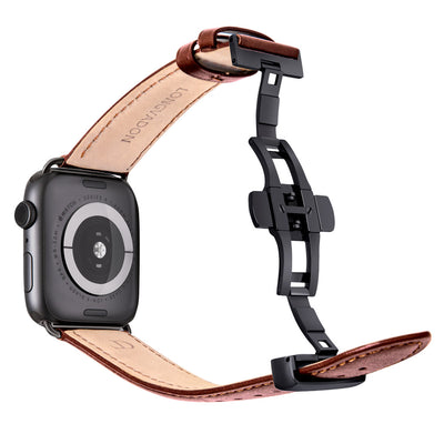 black apple watch with mahogany brown leather band for men back view
