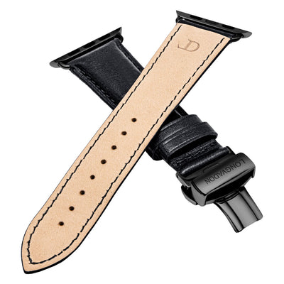 men's midnight black leather band for black apple watch closer look