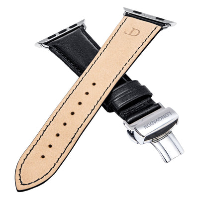 men's midnight black leather band for silver apple watch closer look