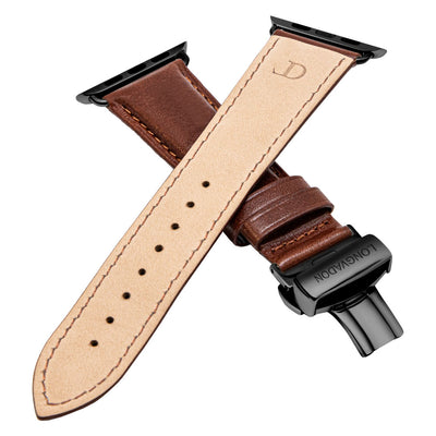 men's mahogany brown leather band for black apple watch closer look