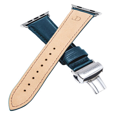 men's navy blue leather band for silver apple watch closer look