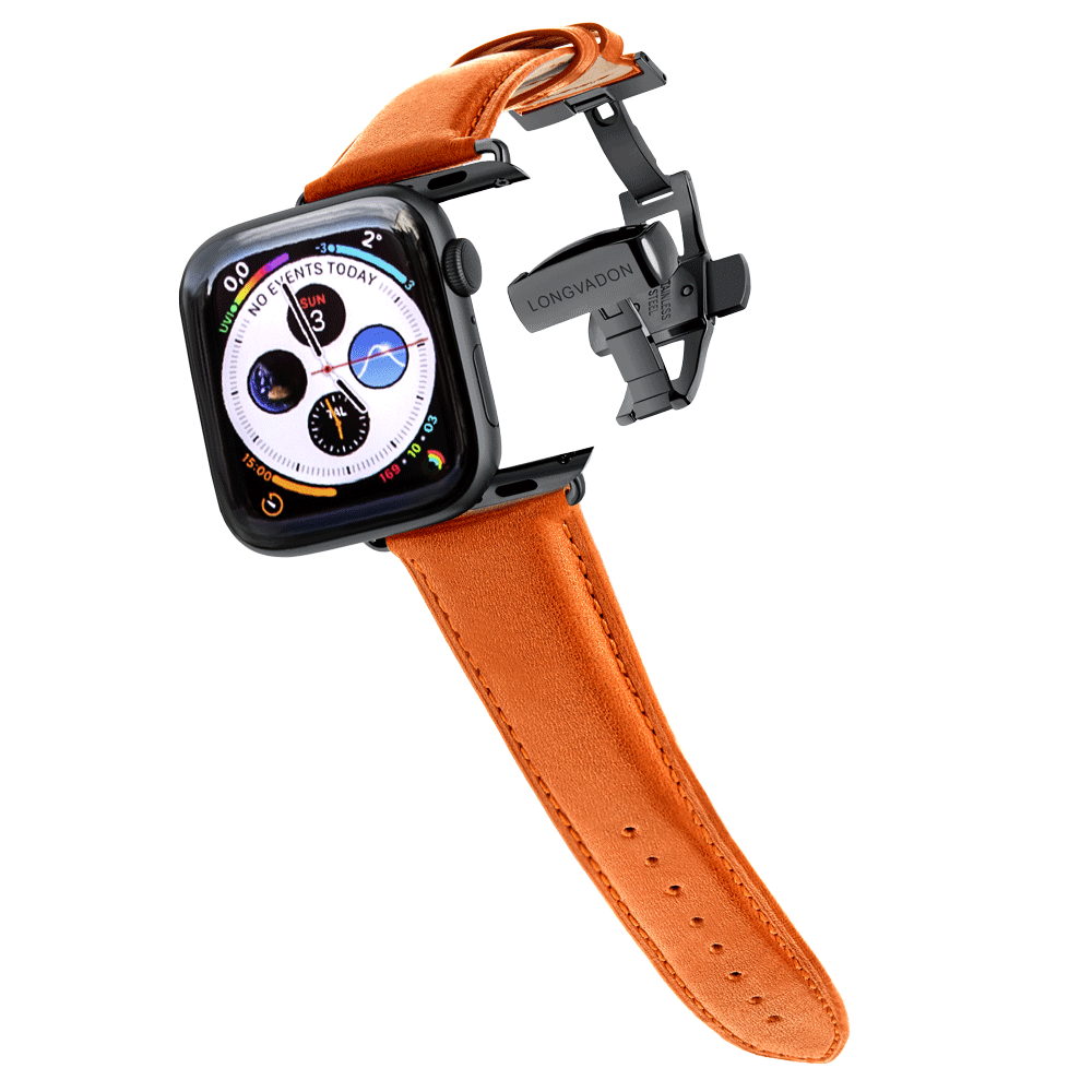 black apple watch with whiskey brown leather band for men