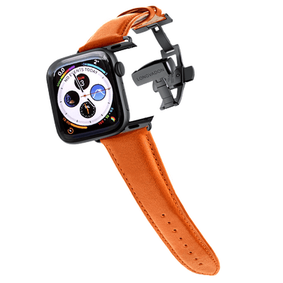 black apple watch with whiskey brown leather band for men