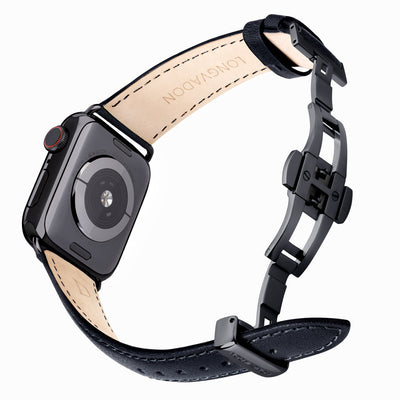 black apple watch with midnight black leather band for women back view