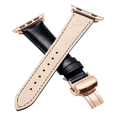women's midnight black leather band for gold apple watch closer look