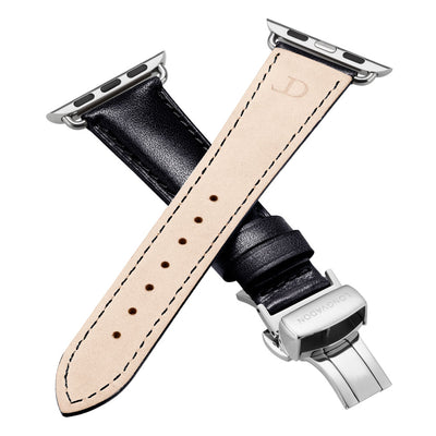 women's black leather band for silver apple watch closer look