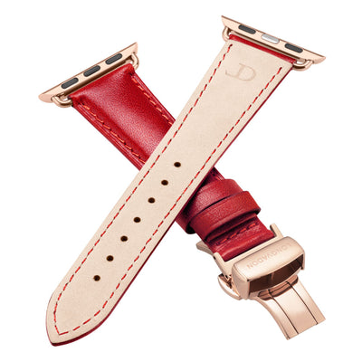 women's crimson red leather band for gold apple watch closer look