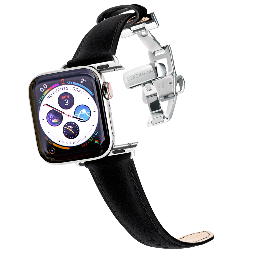 Apple Watch ULTRA 49mm Polished Custom Black Leather Band Classic Buckle
