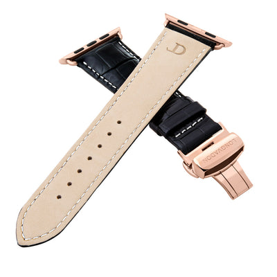 men's black leather apple watch band white stitching closer look