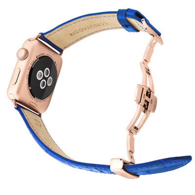 gold apple watch with mediterranean blue leather band for men back view