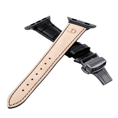 women's midnight black leather band for black apple watch closer look
