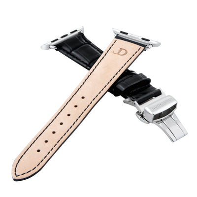women's midnight black leather band for silver apple watch closer look
