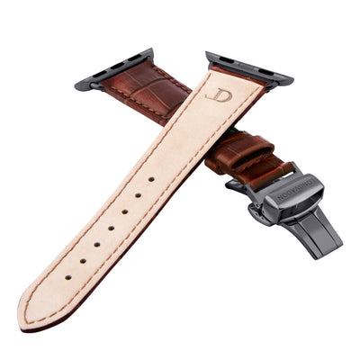 women's mahogany brown leather band for black apple watch closer look